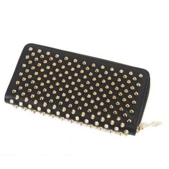 Authentic Christian Louboutin Calfskin Panettone Spiked Zip Around Wallet Black - Picture 2 of 7